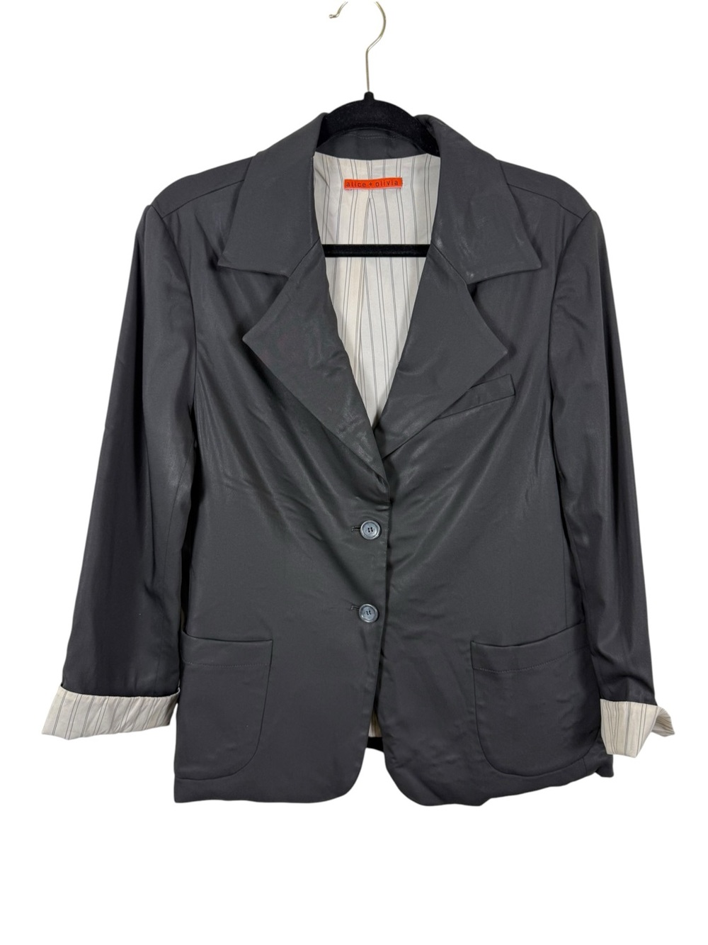 Alice + Olivia Black Academia Blazer Striped Lining Wool Viscose Sz Large